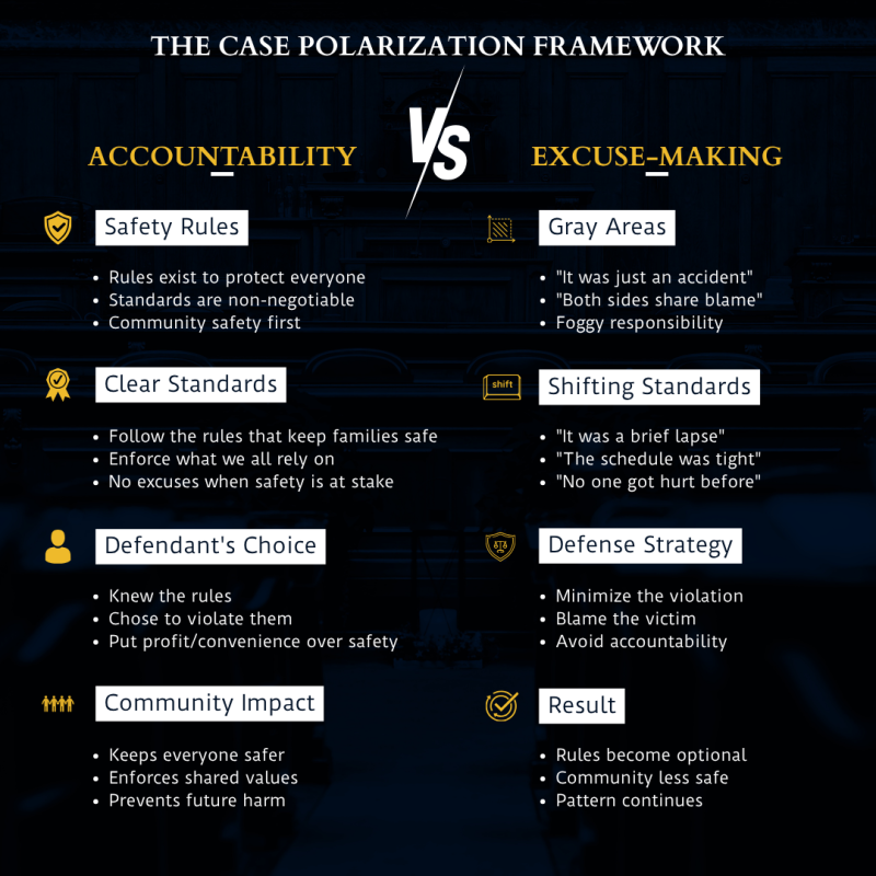 Rick Friedman case polarization strategy diagram showing accountability versus excuse-making framework with jury choice between enforcing safety rules and splitting the difference